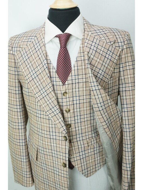 Unbranded Other - Unbranded VINTAGE Brown Blue Plaid 3 Pc Suit Jacket Pants Vest Sz 40R